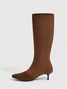 Daringsoles 棕色仿麂皮高筒靴，細高跟方頭過膝靴 - 棕色 - 查看 6