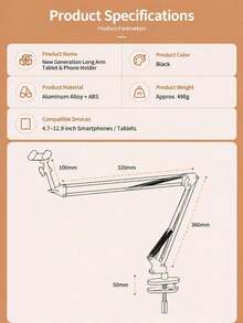 Bed Tablet Holder, Adjustable Long Arm Phone Clamp, Suitable For Desk Bedside Bed Edge, Foldable Floating Slouchy Bracket, Suitable For Recording Live Streaming, Compatible With Pro Mini Kindle Switch 4-13 Inch Devices - Multicolor - View 12
