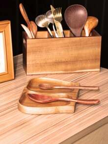 1pc Walnut Color Spoon Rest Holder Double Slot Utensil Organizer For Kitchen Countertop Farmhouse Rustic Dining Table Decor Christmas Stocking Fillers Holiday Gift Idea Must Haves - Brown - View 7
