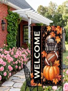 1PC 2D Flat Fall Halloween Orange Football Helmet Welcome Garden Flag, Single-Sided Outdoor Porch Yard Decor For Home, Party, Holiday, Seasonal Display, No Pole - multicolor - View 7