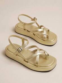 HighSole Women Shoes Spring And Summer New Multi-Belt Cross Back Buckle Design Open Thick Sole Simple Versatile Style Gold Sandals Daily Commuting Shopping Wear - Light gold - View 7