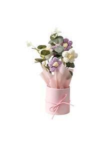 Handmade Daisy Flower Bouquet With Pink Round Gift Bucket, Artificial Floral Arrangement With Ribbon Bow, Mini Fake Flower Decor For Desktop, Birthday & Holiday Gift - Purple bouquet - View 9