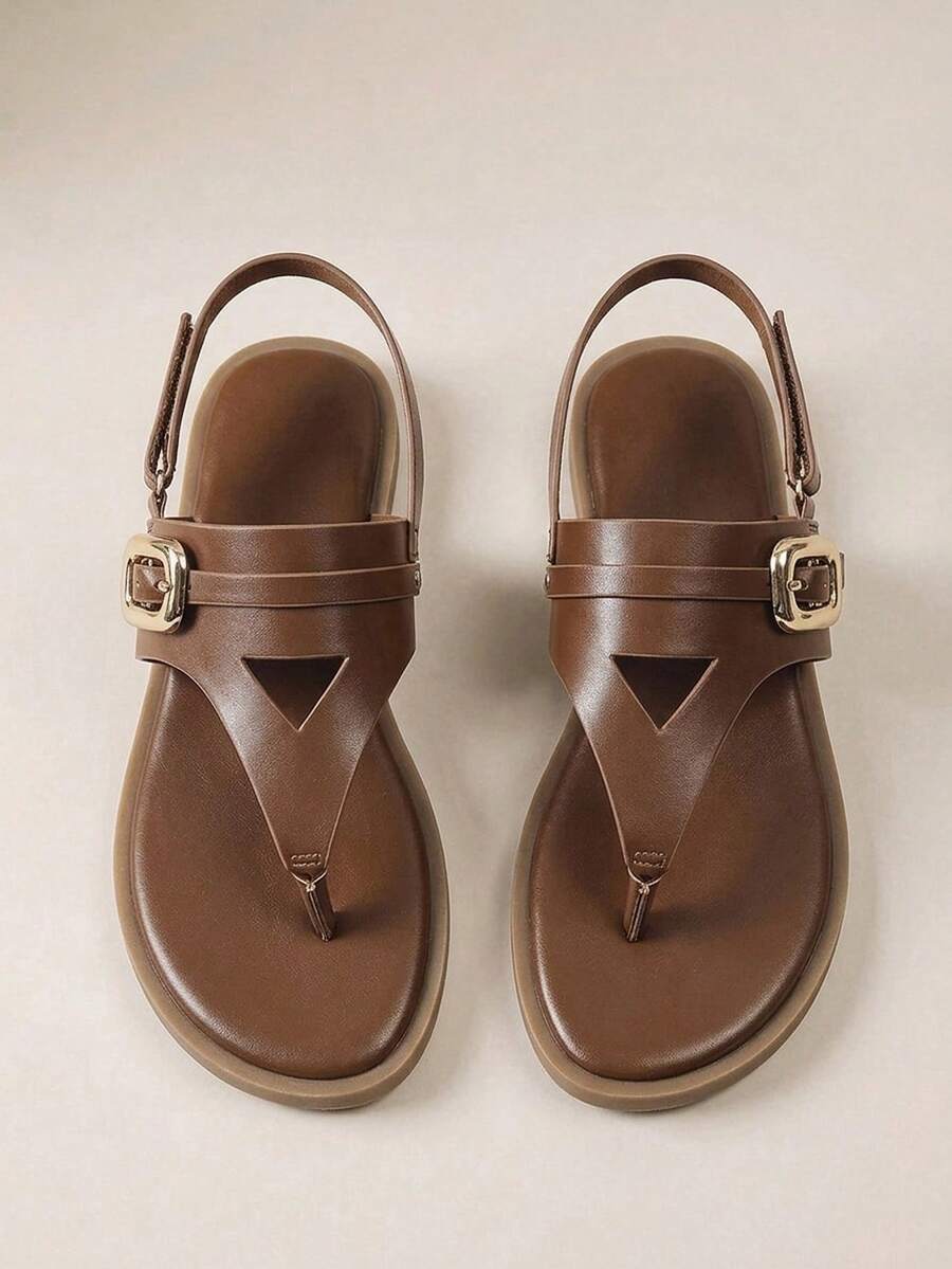 HighSole Women's Square Round Toe Solid Color Buckle Design Commuter Workplace Versatile Flat Sandals Comfortable Slip-On - Brown - View 1