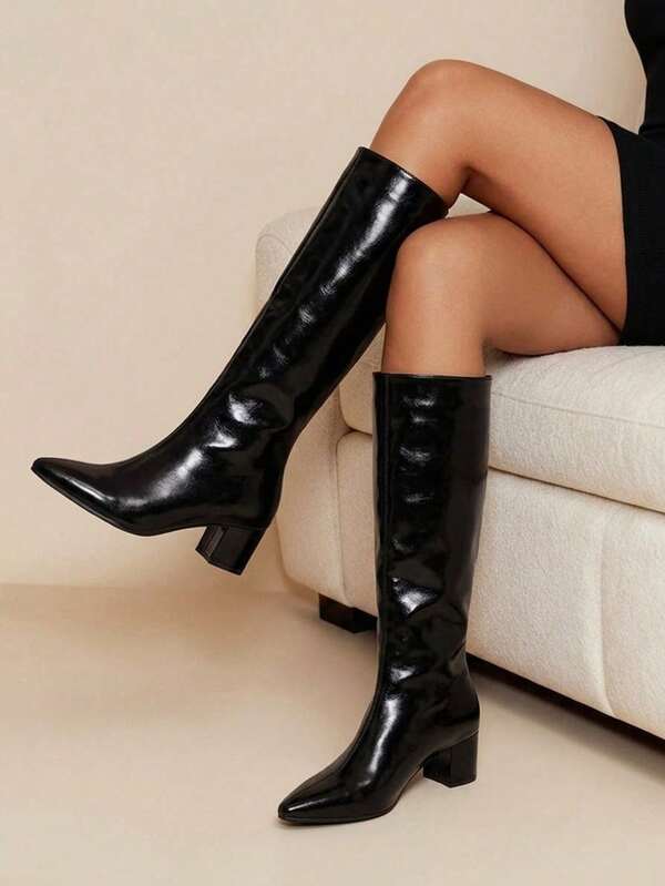 Daringsoles Botas altas de tacón grueso y punta afilada, versátiles botas de cuero suave negro y laca, botas de estilo commuter sin cordones