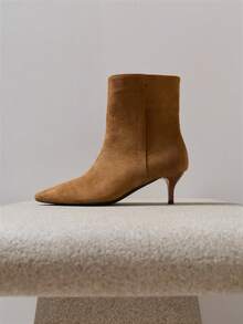 Nöista Pointed Toe Microfiber Ankle Boot With A Clean Silhouette, Slim Wood-Effect Kitten Heel And Inside Zip Closure. Fall Boots - Brown - View 1