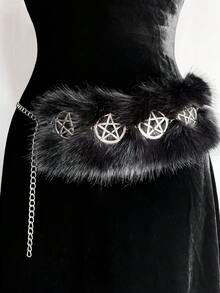 ROMWE Goth 1 件女士黑色镂空五角星装饰腰链，哥特式派对配饰，适合日常穿着、万圣节 - 銀色黑毛毛 - 查看 5
