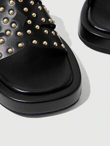 HighSole 春夏鉚釘寬帶厚底拖鞋，舒適輕便平底極簡女款拖鞋，日常穿著 - 黑色 - 查看 8