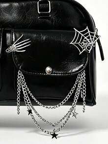 ROMWE 1 Piece Y2K Dark Goth Glossy Boston Bag Girl, Spider Web Skeleton Hand Star Chain Bead Bow Decorative Shoulder Bag, Subculture Hottie Commuter Handbag - Black - View 4