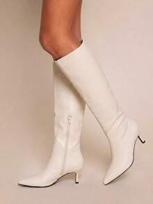 Daringsoles Women's Pointed Toe High Shaft Boots, New Autumn/Winter Beige Soft Leather Knee-High Low Heel Boots, Versatile For Commuting And Dating - Beige - View 7