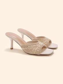CUCCOO BASICS Women's Fashionable And Sexy Square Toe Woven Fabric Slippers, Medium And High Heels, Painted Thin And Straight Heels. Lightweight And Breathable Slouchy - Apricot - View 8