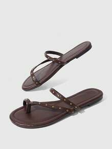 HighSole Studded Thong Sandals In Chocolate Brown With Antique Gold Pyramid Accents-A Bold, Edgy Silhouette For Festival Style, Spring Street-Wear, Or An Effortless Summer Guest Look. - Brown - View 9