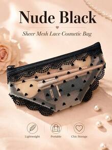 Cute Lace See Through Toiletry Bag Travel Makeup Storage Pouch For Eyeliner Brushes Lipstick Skincare Headphones - Multicolor - View 11