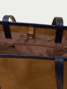 Nöista Tan Suede Effect Tote Bag With Contrasting Navy Blue Handles, Clean Panelled Construction, - Brown - View 9