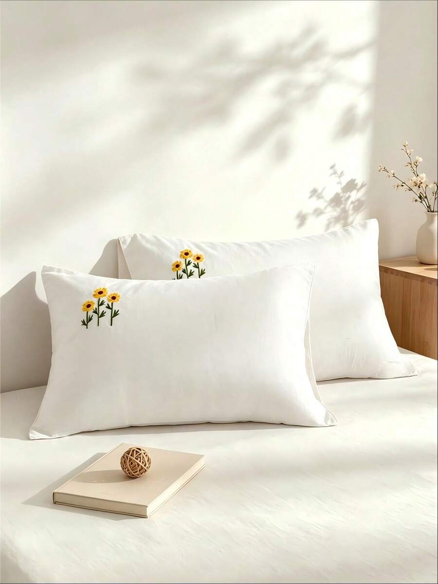 Cirelle 2Pcs Polyester Embroidered Envelope‑Closure Pillowcases Smooth Breathable Polyester Bedding Pillow Protector Case With Envelope Closure (No Insert) - White - View 1