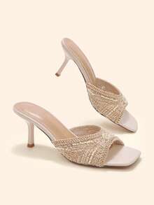 CUCCOO BASICS Women's Fashionable And Sexy Square Toe Woven Fabric Slippers, Medium And High Heels, Painted Thin And Straight Heels. Lightweight And Breathable Slouchy - Apricot - View 1