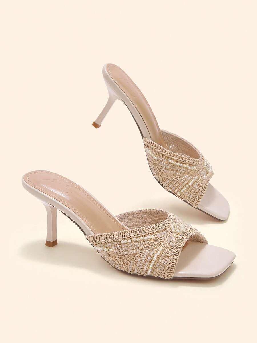 CUCCOO BASICS Women's Fashionable And Sexy Square Toe Woven Fabric Slippers, Medium And High Heels, Painted Thin And Straight Heels. Lightweight And Breathable Slouchy - Apricot - View 1