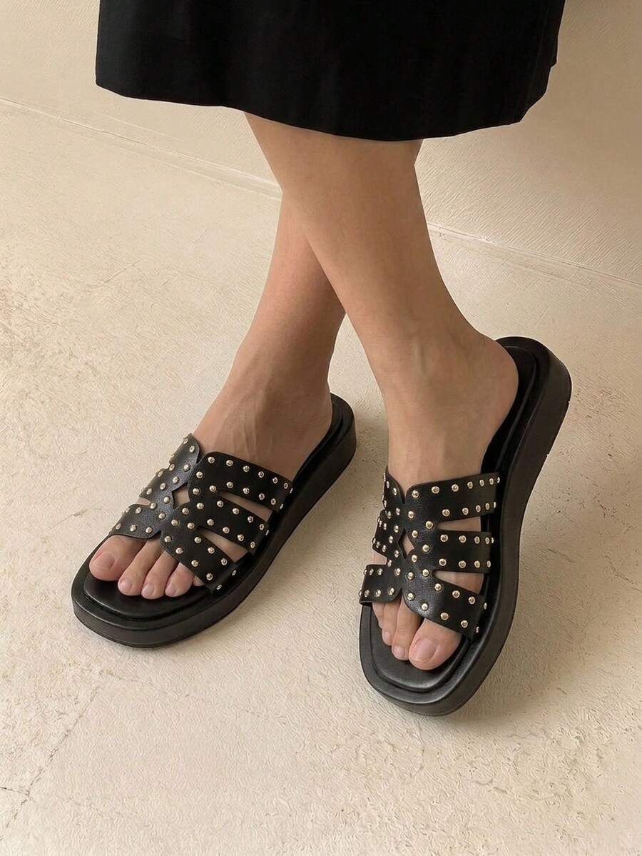 HighSole 春夏鉚釘寬帶厚底拖鞋,舒適輕便平底極簡女款拖鞋,日常穿著 - 黑色 - 查看 1