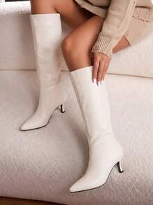 Daringsoles Women's Pointed Toe High Shaft Boots, New Autumn/Winter Beige Soft Leather Knee-High Low Heel Boots, Versatile For Commuting And Dating - Beige - View 8