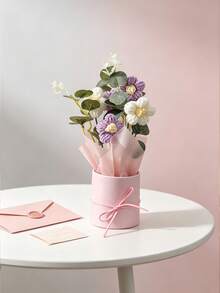 Handmade Daisy Flower Bouquet With Pink Round Gift Bucket, Artificial Floral Arrangement With Ribbon Bow, Mini Fake Flower Decor For Desktop, Birthday & Holiday Gift - Purple bouquet - View 8