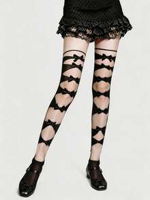 ROMWE Goth 1 Pair Hollow Bow Tie Lace-Up Over-The-Knee Socks, JK Adult High Tube Socks, Elastic Thin Long Socks - Black - View 4