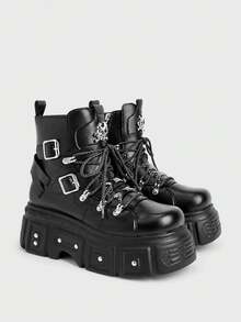 Sugerpunk Women Heeled Sandals New High-Top New Platform Dark PU Skull Head Rivet Ankle Boots Fried Street Motorcycle Boots Punk Platform Boots Winter Boots - Black - View 3