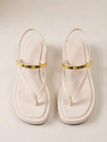HighSole 女款舒適休閒厚底夾腳涼鞋 綁帶方頭 夏季日常通勤極簡咖啡色厚底涼鞋 - 杏色 - 查看 1