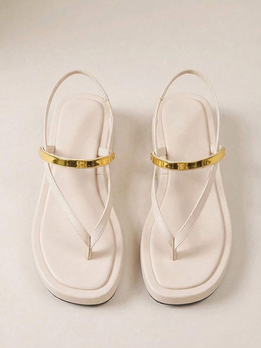 HighSole 女款舒適休閒厚底夾腳涼鞋 綁帶方頭 夏季日常通勤極簡咖啡色厚底涼鞋 - 杏色 - 查看 1