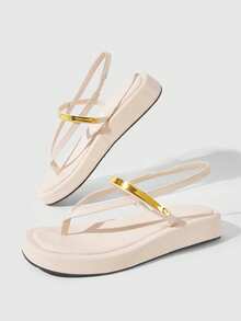 HighSole 女款舒適休閒厚底夾腳涼鞋 綁帶方頭 夏季日常通勤極簡咖啡色厚底涼鞋 - 杏色 - 查看 9