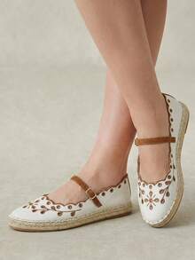 Styleloop Zapatos de suela plana con cinturón extraíble de cuerda de cáñamo y bordado hueco para mujer - Marrón - Ver 2