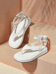 HighSole 女款舒適休閒厚底繫帶方頭夏季日常通勤極簡白色夾腳厚底涼鞋 - 白色PU - 查看 2