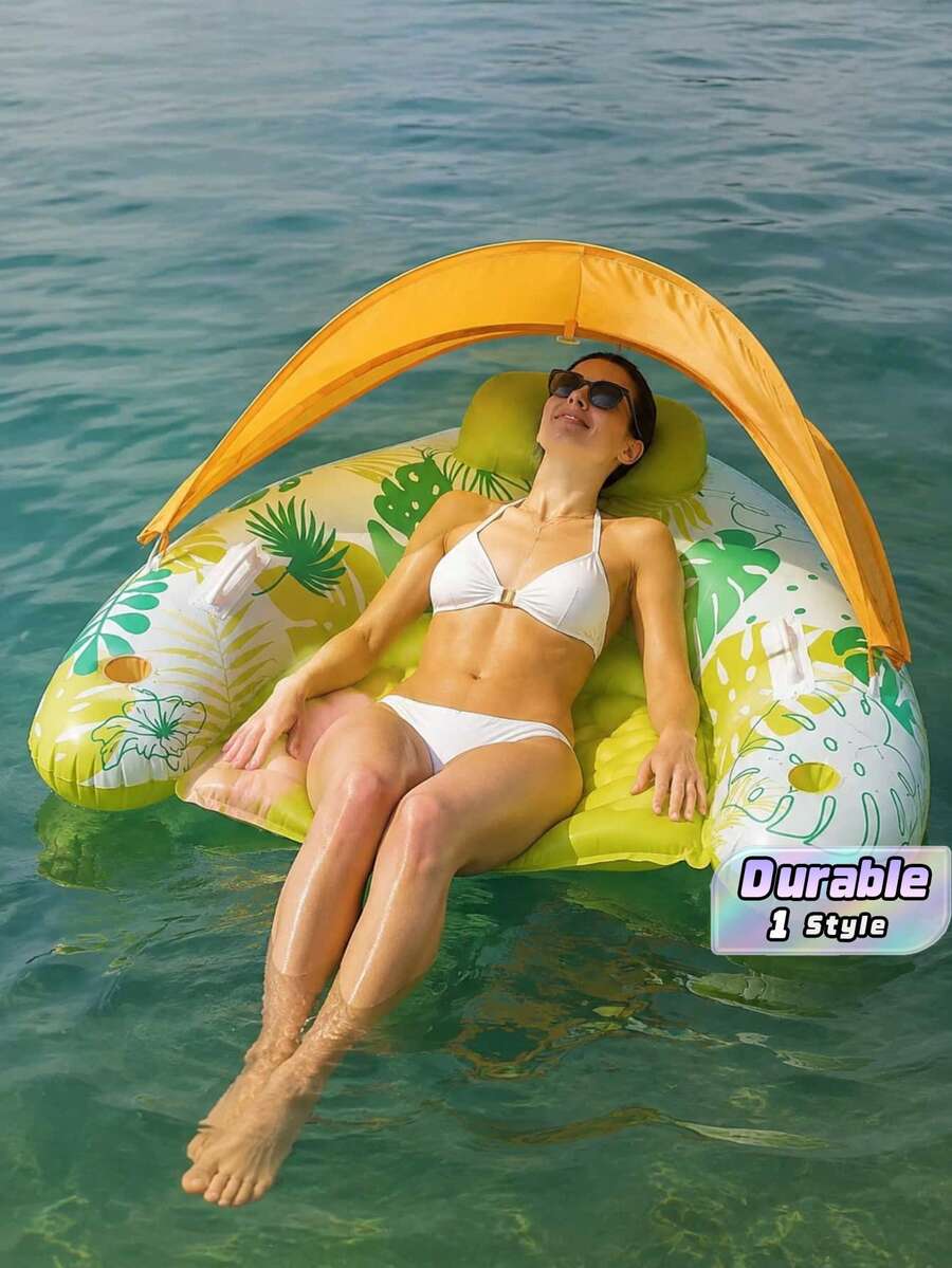 1pc Leaf Design Inflatable Lounge Chair, Removable Sun Canopy Water Float Hammock With Bottle Holder, Foldable Pool Beach Float For Adults Outdoor Swimming, Air Pump Not Included - U-shaped Leaves With Canopy - View 1