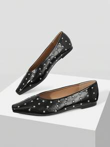 Maija Black Rivet Square Toe Shoes, Retro Soft Leather Low Vamp Flats - Black 3 - View 2