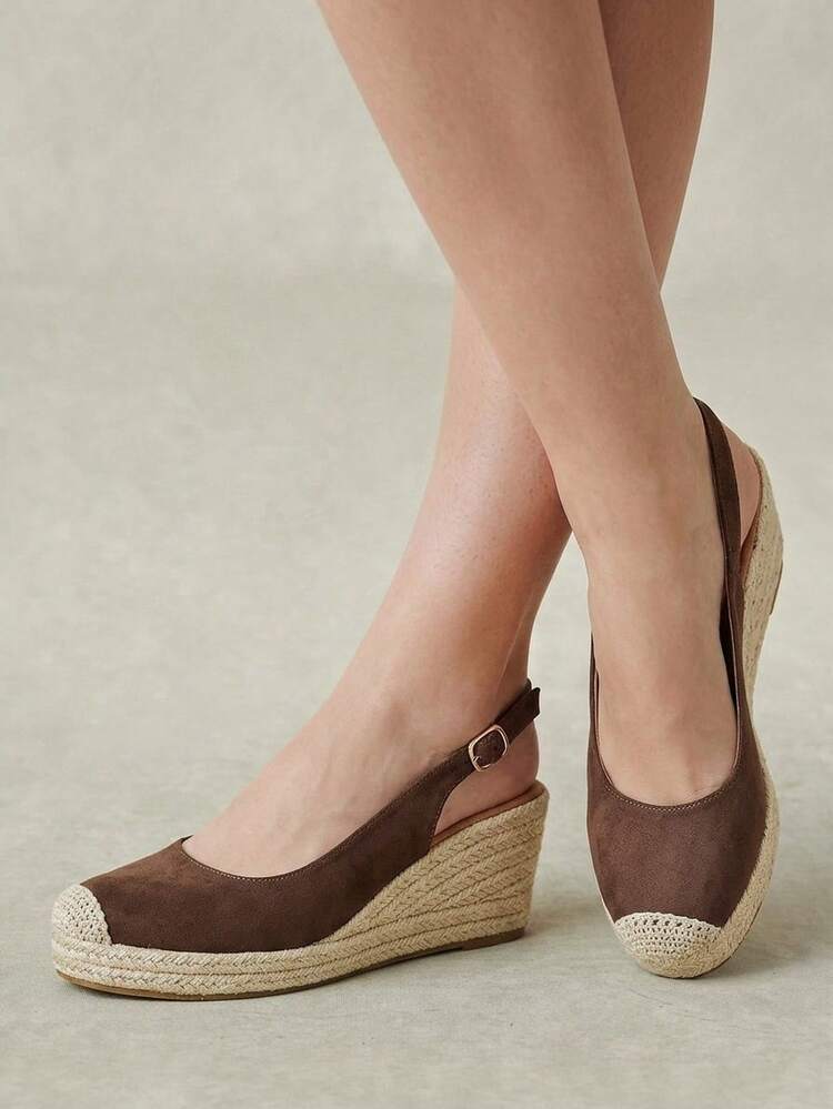 Styleloop Women's Wedge & Thick Sole Shoes, Coffee Color Vintage Velvet-Feel Woven Wedge Sandals, Vacation Outfit, Travel Essential, Simple & Elegant - Coffee - View 2