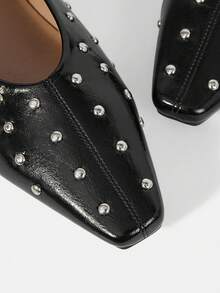 Maija Black Rivet Square Toe Shoes, Retro Soft Leather Low Vamp Flats - Black 3 - View 4