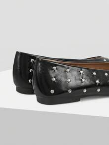 Maija Black Rivet Square Toe Shoes, Retro Soft Leather Low Vamp Flats - Black 3 - View 3