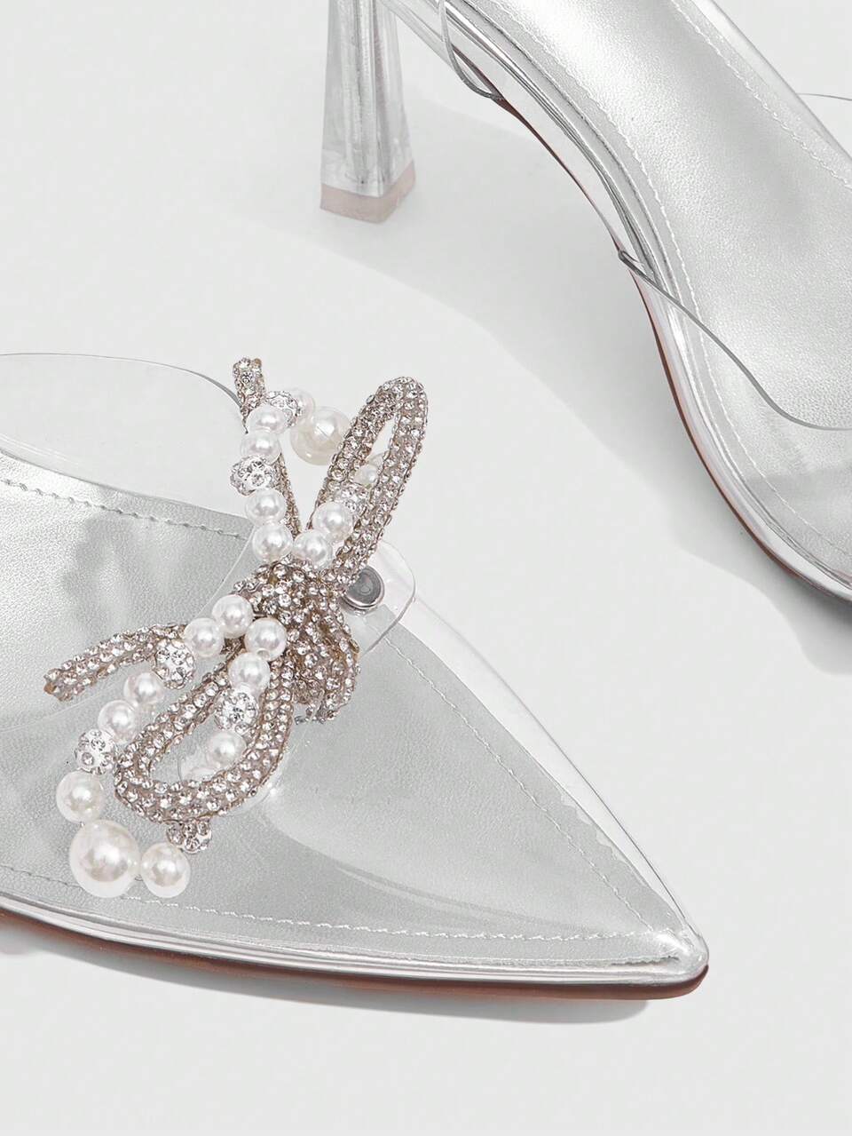 CUCCOO SZL Ladies Pointed High Heel Empty Shoes Fashionable And Elegant Party. Transparent TPU Fabric Pearl Flower Diamond Belt Bow High Heel Shoes