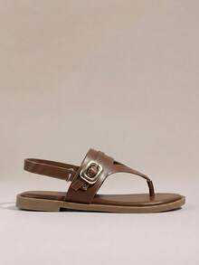 HighSole Women's Square Round Toe Solid Color Buckle Design Commuter Workplace Versatile Flat Sandals Comfortable Slip-On - Brown - View 2
