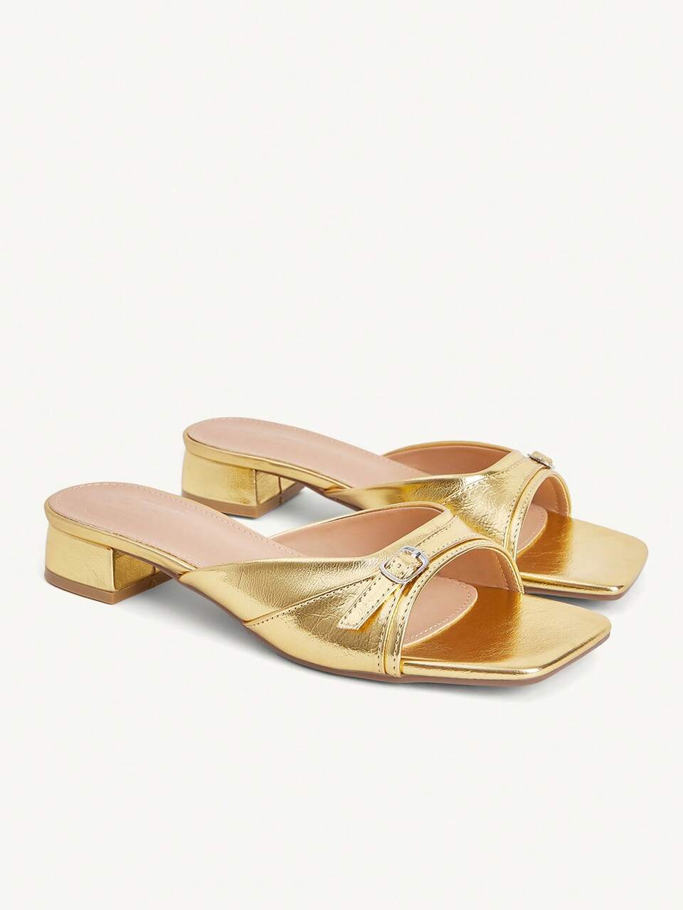 CUCCOO CHICEST Women's Square Toe Chunky Low Heel Slippers With Metal Buckle Strap Design, Shiny Patent Leather, Gold Color, Minimalist Commuter Style For Daily Wear And Outdoor Use