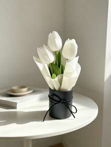 Mini Round Gift Box Artificial White Tulip Bouquet, Silk Fake Flower With Black Bow Decor, Aesthetic Dried Flower Ornament For Bedroom Table Wedding Party Home Decor Gift - White - View 10