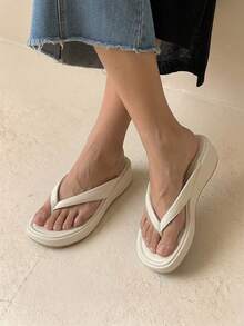 HighSole 春夏新款米色厚底坡跟夾腳拖鞋女鞋，女款防滑增高休閒舒適涼鞋，百搭涼鞋 - 杏色 - 查看 3
