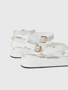 HighSole 女款舒適休閒厚底繫帶方頭夏季日常通勤極簡白色夾腳厚底涼鞋 - 白色PU - 查看 5