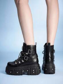 Sugerpunk Women Heeled Sandals New High-Top New Platform Dark PU Skull Head Rivet Ankle Boots Fried Street Motorcycle Boots Punk Platform Boots Winter Boots - Black - View 10