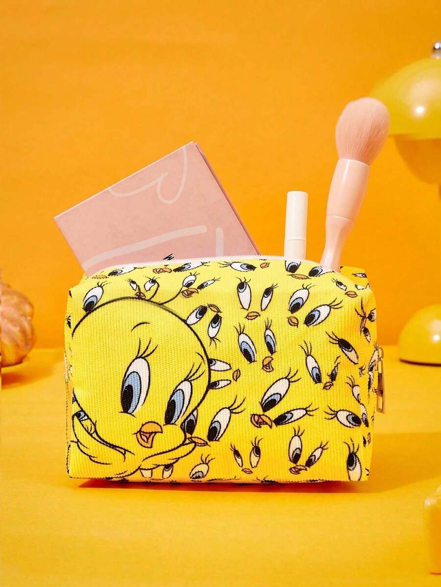 LOONEY TUNES X POKOJA LAND Cartoon Yellow Bird Pattern Makeup Bag Portable Zipper Cosmetic Storage Pouch Travel Wash Bag - Yellow - View 1