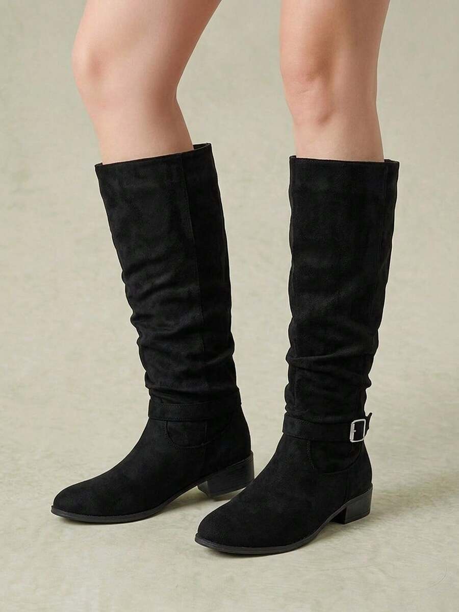 Styleloop 女款尖頭折疊設計休閒百搭粗跟靴,適合聖誕節、感恩節、派對與新年穿著 - 8黑色布面 - 查看 1