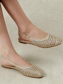 Styleloop Women's Fashion Gold Square Toe Woven Splicing Sandals, Buckle Flat Sandals Suitable For Daily Travel - Gold - View 4