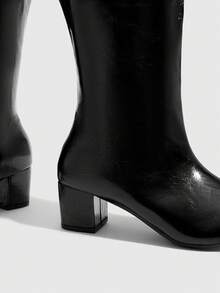 Daringsoles Pointed Thick-Heeled High Boots, Versatile Black Soft Leather And Lacquer Boots, Slip-On Commuter Boots Fall Shoes - Black 1 - View 5