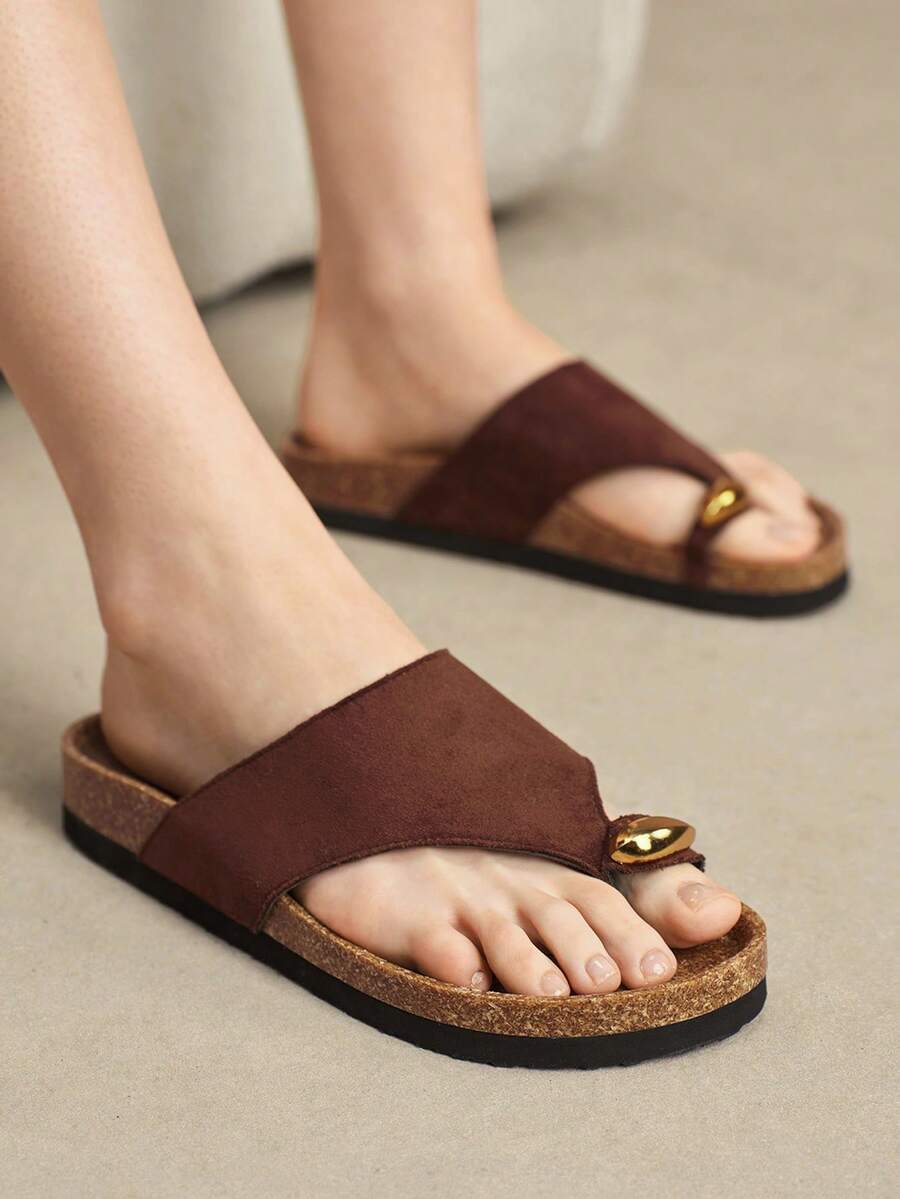 Solecia Metal Decoration Toe Design Retro Women Cool Slippers Vacation Casual Daily Wear - Chocolate Brown - View 1
