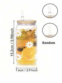 16 Ounce Leak Proof Transparent Water Cup With Straw | Cute Daisy And Cartoon Bee Pattern | Travel Cup Suitable For Iced Coffee | Comes With Lid And Straw | Printed With "Soda Can" Style | Fashionable And Fun Suitable For Iced Drinks - Multicolor - View 8