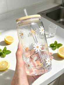 16 Ounce Leak Proof Transparent Water Cup With Straw | Cute Daisy And Cartoon Bee Pattern | Travel Cup Suitable For Iced Coffee | Comes With Lid And Straw | Printed With "Soda Can" Style | Fashionable And Fun Suitable For Iced Drinks - Multicolor - View 11
