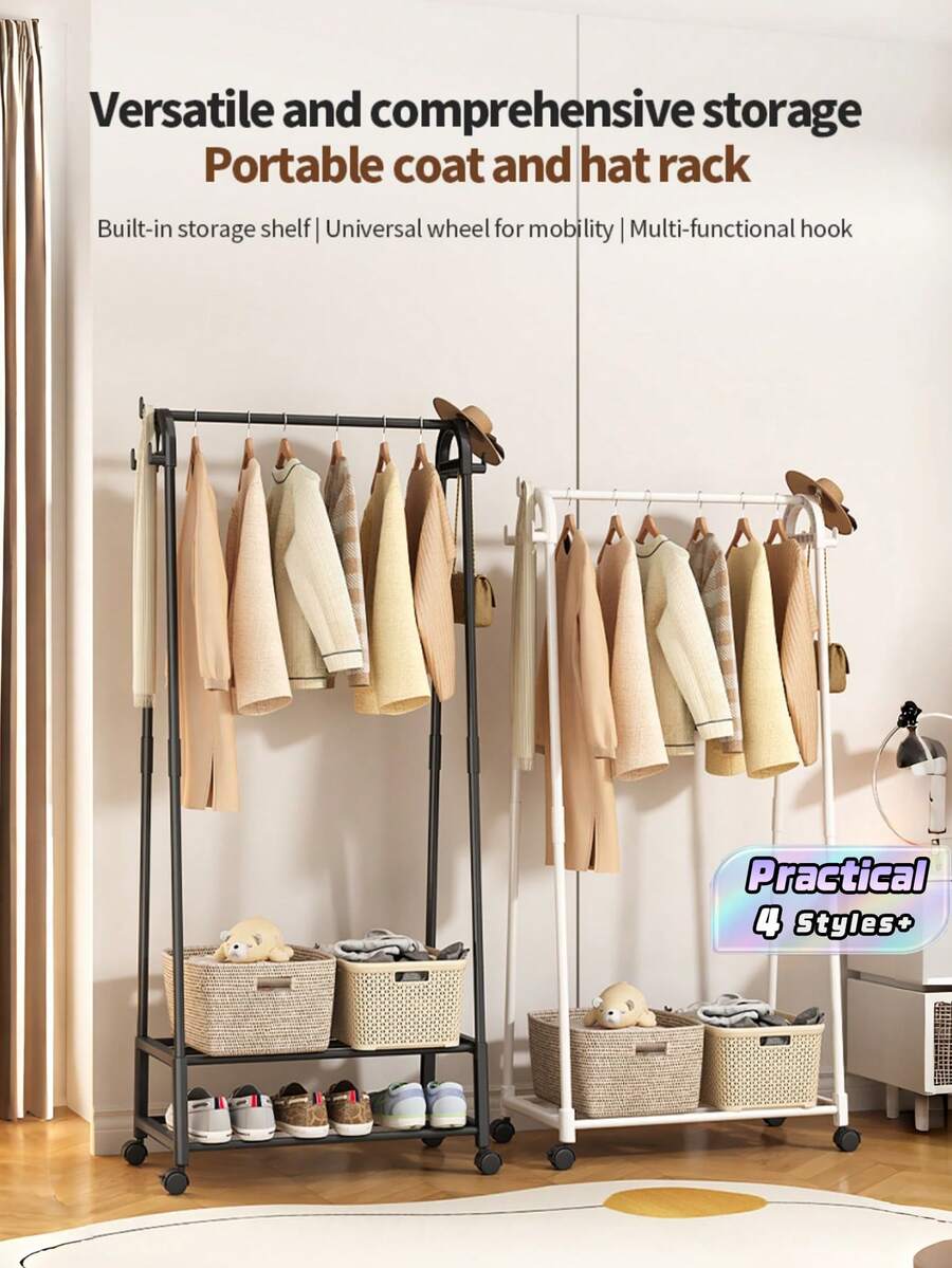 Single-Pack, Double-Row, Easy-To-Assemble, Movable Upright Coat Rack, Freestanding Coat And Hat Rack, Multi-Functional Shoe And Hat Cabinet, Space-Saving Storage Rack, Suitable For Homes, Rental Apartments, Living Rooms, Bedrooms, And Walk-In Closets - Multicolor - View 1